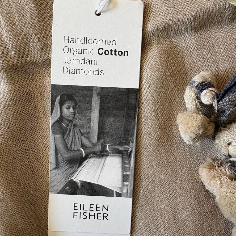 Eileen Fisher NWT Beige and Gray Cotton Scarf with Embroidered Accents - Picture 4 of 9